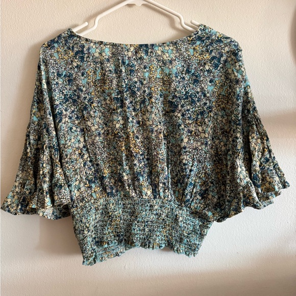 Angie Blue Floral Smocked Crop Top - Picture 2 of 4
